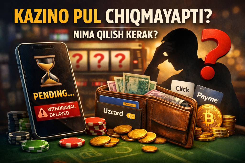 Kazino pul chiqmayapti pending muammosi — telefon ekranida pending status, Click Payme Uzcard va kripto orqali to‘lov kechikishi, o‘yinchi xavotirda kazino fonida