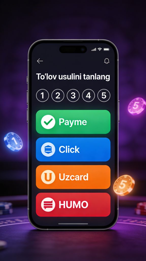 Kazino kassa bo'limida Payme orqali depozit qilish bosqichlari