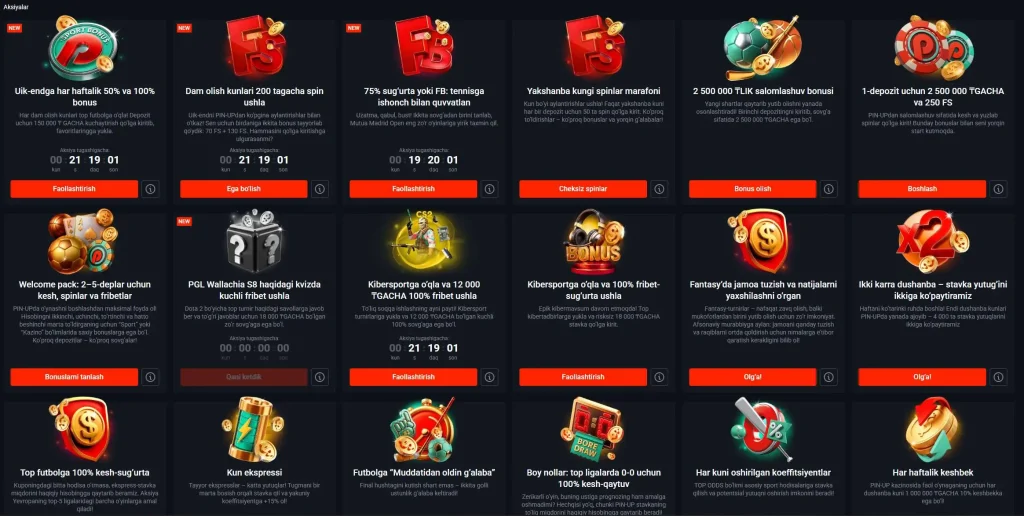 Pin-Up xush kelibsiz bonusi 120% gacha 65 mln UZS va 250 free spin yangi oʻyinchilar uchun