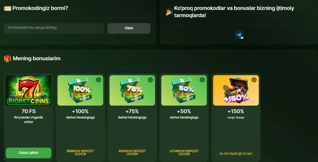 RioBet welcome bonusi 100% gacha 1500 EUR va 70 free spin Book of Dead slotida