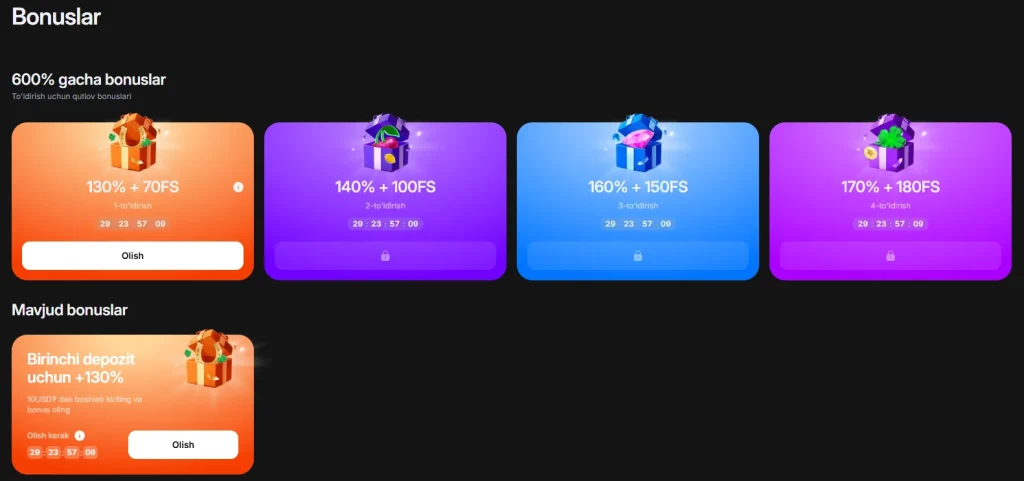 1win xush kelibsiz bonusi 500% gacha 9 mln UZS, 4 ta depozit ustiga uch bosqichli paket