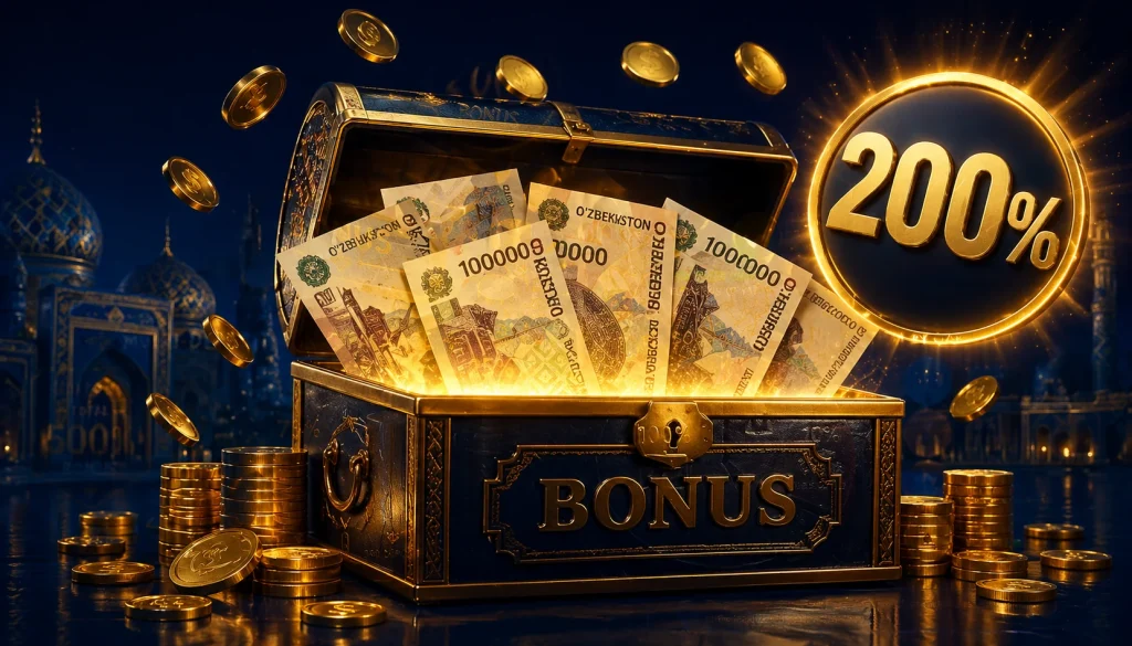 Depozit bonuslari kazino Oʻzbekiston 2026, oltin sandiqdan toʻkilayotgan UZS banknotlari va 200% bonus rozetkasi