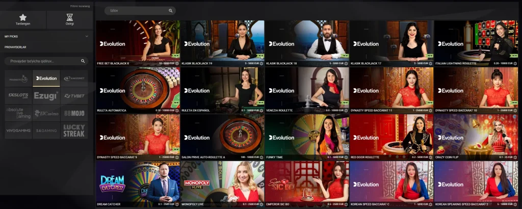 1xSlots jonli kazino, Evolution Gaming va Pragmatic Play Live diler stollari