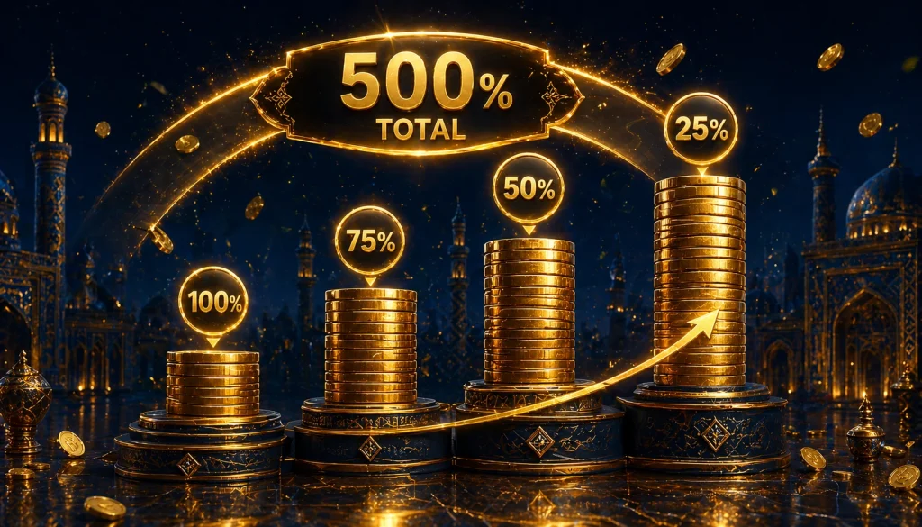 Multi-deposit welcome paket: 1win va 1xSlots kabi kazinolarda 100%, 75%, 50%, 25% bosqichlari, jami 500% bonus