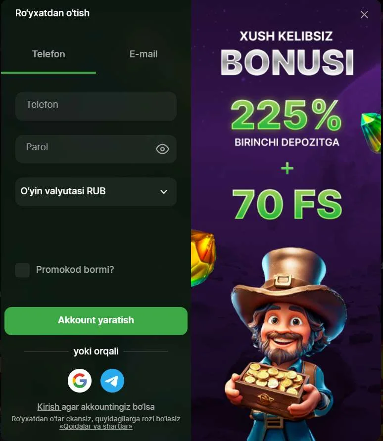 RioBet roʻyxatdan oʻtish formasi, valyuta tanlash (UZS, EUR, USDT) va promo-kod kiritish