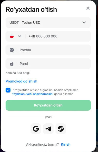 1win roʻyxatdan oʻtish formasi, telefon, email yoki ijtimoiy tarmoq orqali 1 daqiqada