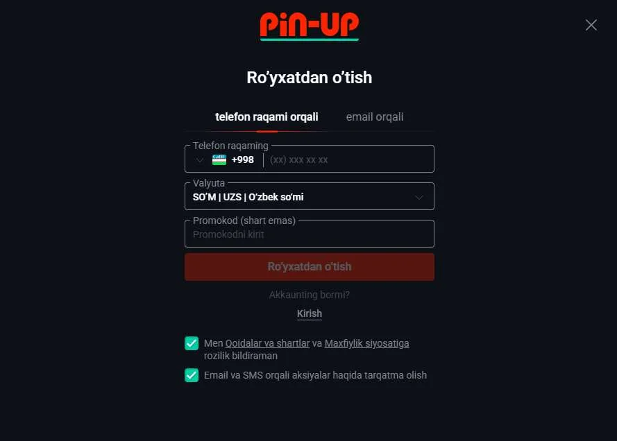 Pin-Up roʻyxatdan oʻtish formasi, valyuta UZS, 3 daqiqalik onboarding jarayoni