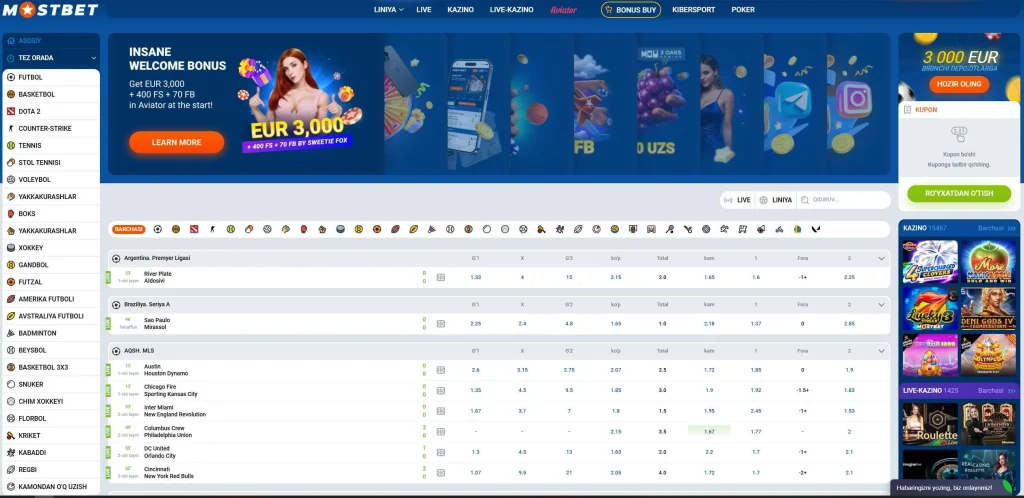 Mostbet sport bukmekerlik, 30+ sport turi, jonli koeffitsientlar va eSport tikishlari