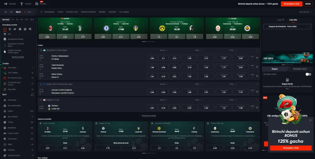 Pin-Up Bet integratsiyalashgan sport bukmekerlik, 40 sport turi va 1000+ kunlik tadbir