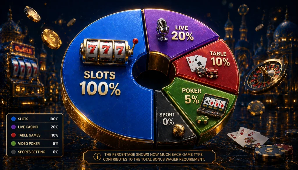 Wager hissasi oʻyin turi boʻyicha: slotlar 100%, live kazino 20%, stol oʻyinlari 10%, video poker 5%, sport tikish 0%