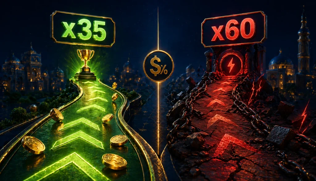 Wager x35 va x60 farqi: oson va qiyin yoʻllar, bonus aylantirish koeffitsienti taqqoslash