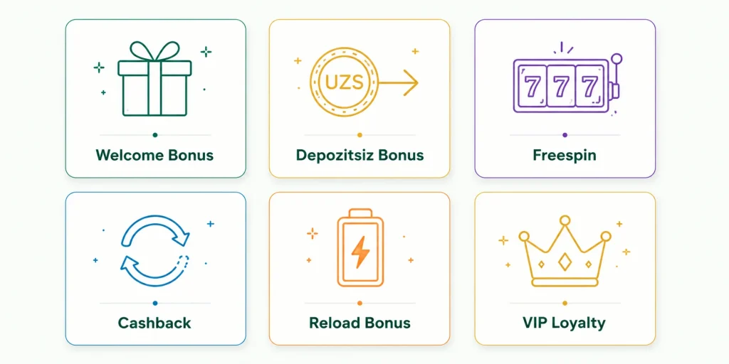 Kazino bonuslarining 6 asosiy turi: welcome, depozitsiz, freespin, cashback, reload, VIP