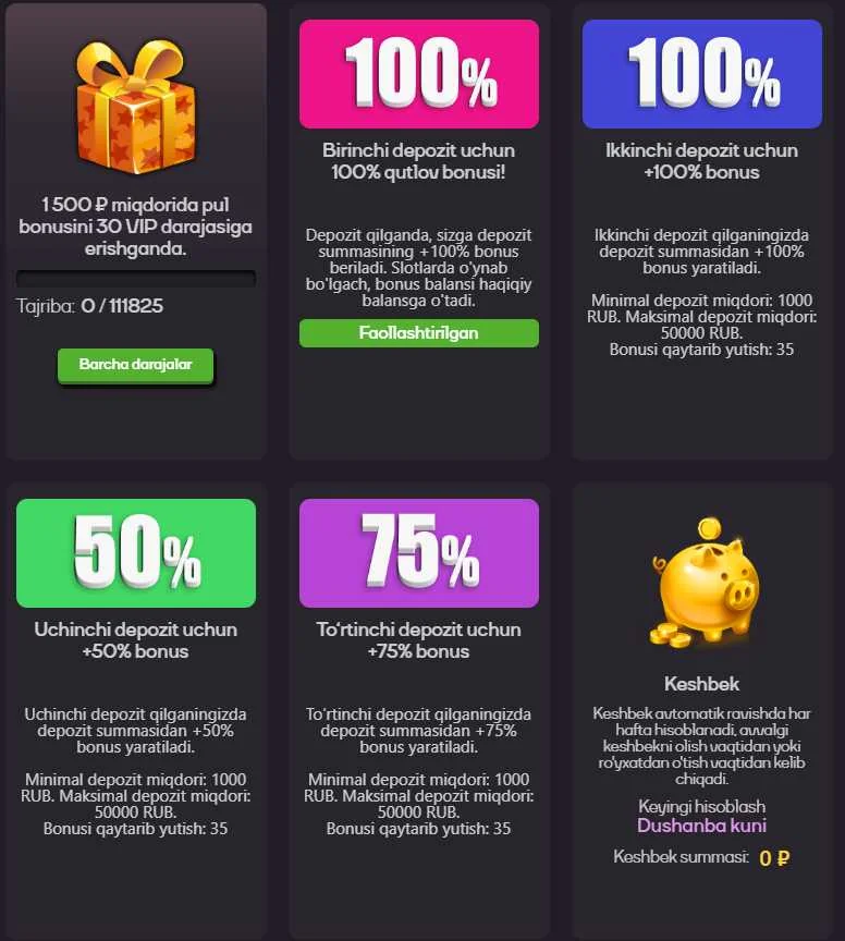 SYKAAA kazino bonus dasturi &mdash; birinchi depozit uchun 100%, ikkinchi +100%, uchinchi +50%, to'rtinchi +75% va haftalik keshbek