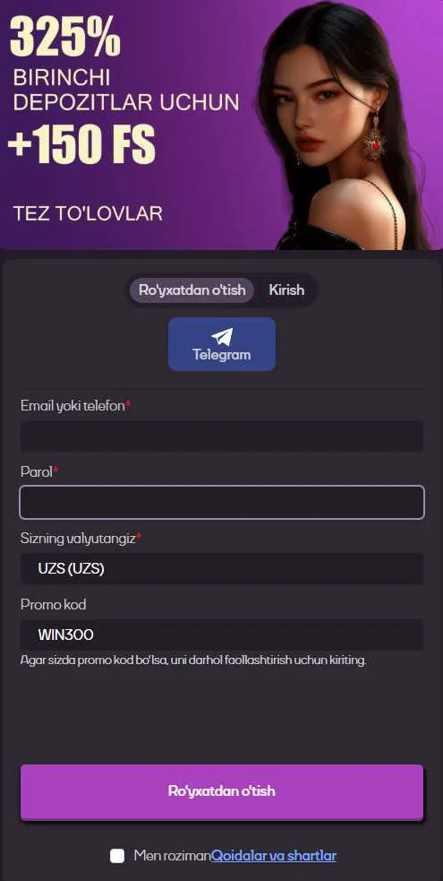 SYKAAA kazino ro'yxatdan o'tish formasi &mdash; 325% birinchi depozit bonusi + 150 frispin, UZS valyutada