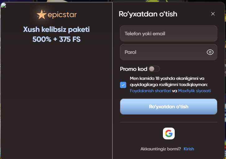 EpicStar kazinosida ro'yxatdan o'tish jarayoni bosqichma-bosqich