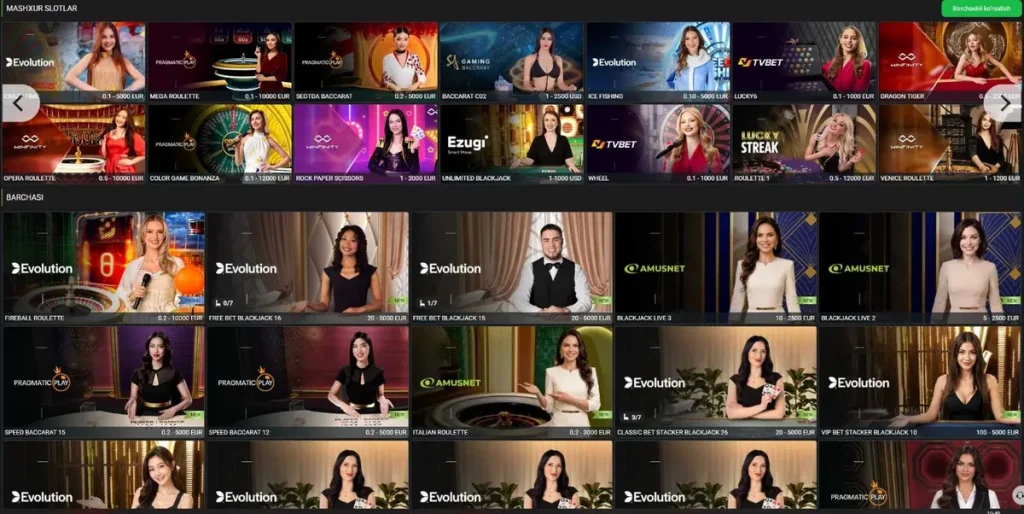 888starz jonli kazinosi: Evolution, Pragmatic Play, Ezugi va Amusnet dilerlari bilan ruletka va blackjack stollari, har birida stavka limiti ko'rsatilgan