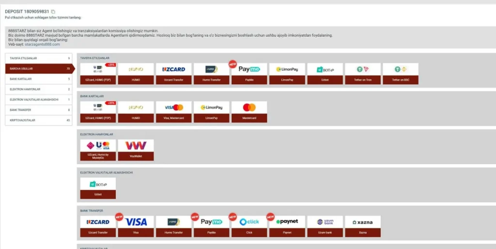 888starz kassasi: Uzcard, HUMO, PayMe, LimonPay, Click, Paynet, Uzum bank va Tether orqali depozit qilish usullari ro'yxati