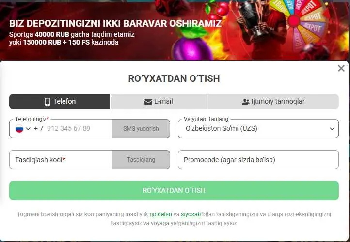 888starz ro'yxatdan o'tish oynasi: telefon, e-mail va ijtimoiy tarmoq varianti hamda valyuta ro'yxatida tanlangan O'zbekiston so'mi (UZS)